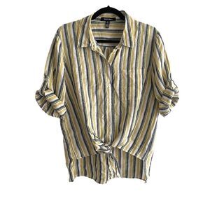 ELLEN TRACY Linen Striped Short Roll Sleeve Tie Front Shirt Blouse Blue Yellow L